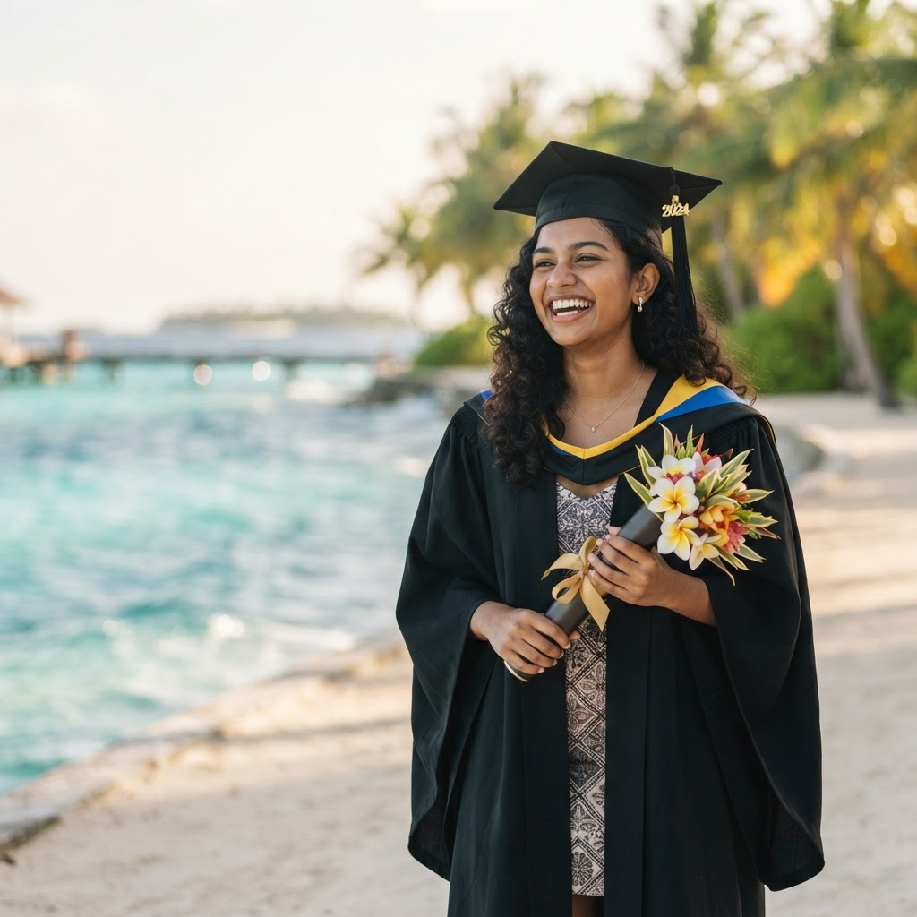 A Maldivian graduate celebrating with their diploma